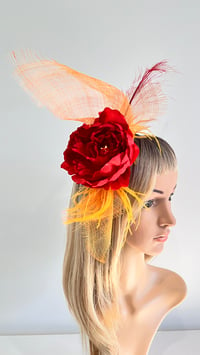 Image 4 of Red Rose and Orange Fascinator with Feather