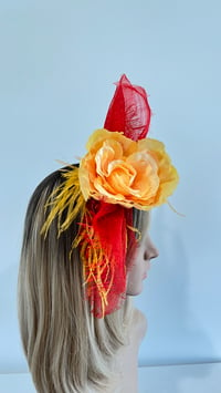 Image 1 of Yellow Rose Red Sinamay Fascinator