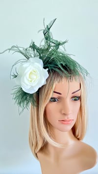 Image 2 of Green Ostrich Feather and White Rose Fascinator