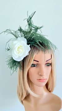 Image 1 of Green Ostrich Feather and White Rose Fascinator