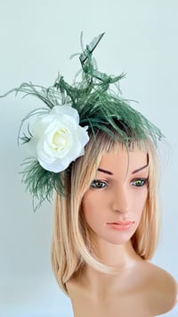 Image 3 of Green Ostrich Feather and White Rose Fascinator