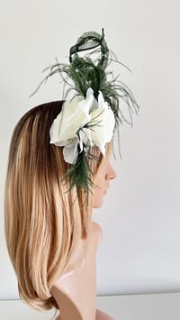 Image 4 of Green Ostrich Feather and White Rose Fascinator