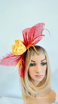 Image 2 of Yellow Rose Red Sinamay Fascinator