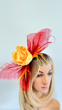 Image 3 of Yellow Rose Red Sinamay Fascinator