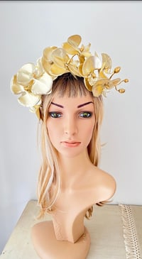 Image 1 of Gold Orchid Headband Gold Flower Crown Gold Fascinator 