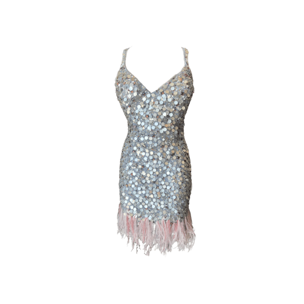 Image of MAC DUGGAL COUTURE SILVER SEQUIN PINK FEATHER MINI DRESS