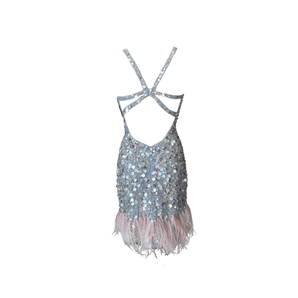 Image of MAC DUGGAL COUTURE SILVER SEQUIN PINK FEATHER MINI DRESS
