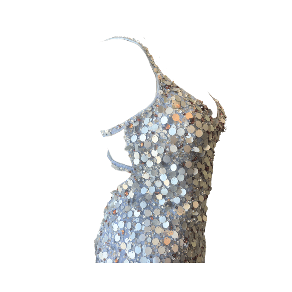 Image of MAC DUGGAL COUTURE SILVER SEQUIN PINK FEATHER MINI DRESS