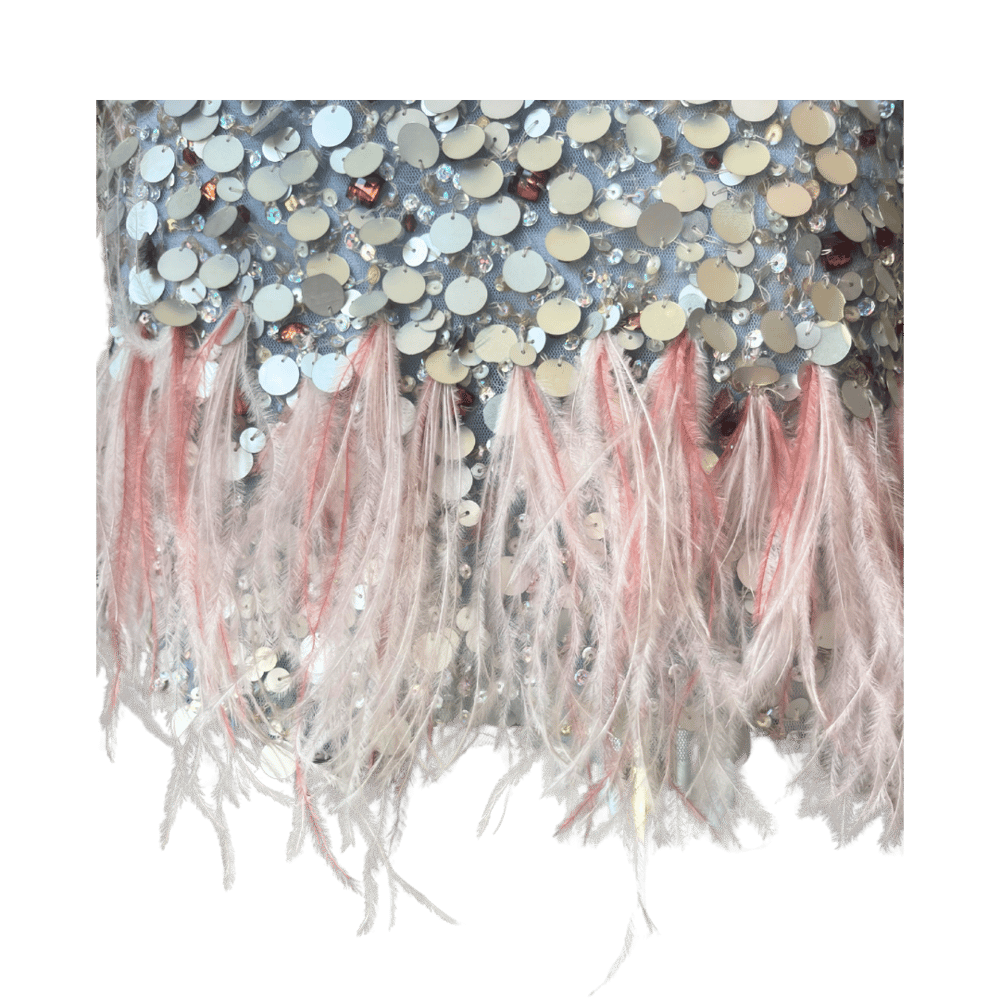 Image of MAC DUGGAL COUTURE SILVER SEQUIN PINK FEATHER MINI DRESS