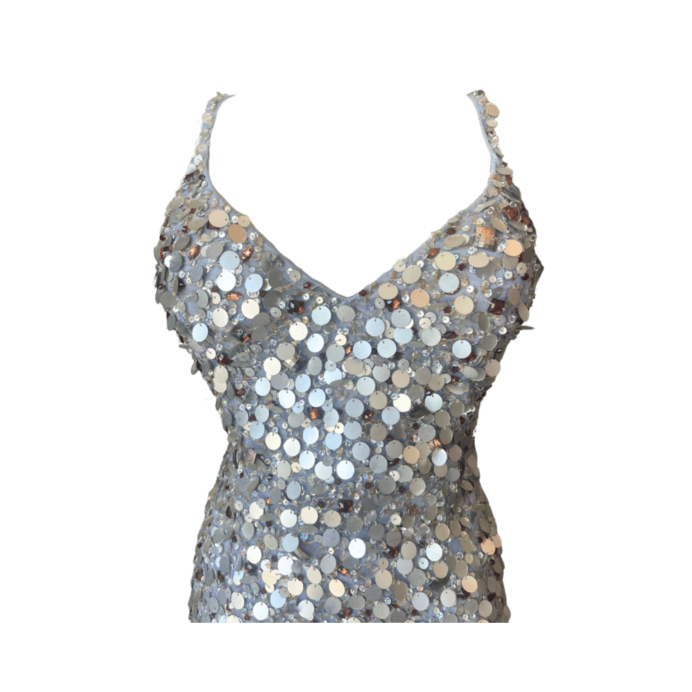Image of MAC DUGGAL COUTURE SILVER SEQUIN PINK FEATHER MINI DRESS