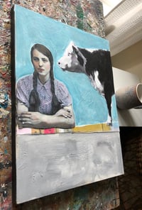 Image 2 of Vintage Girl with Cow painting mixed media on wood 