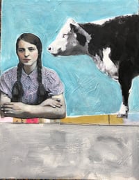 Image 1 of Vintage Girl with Cow painting mixed media on wood