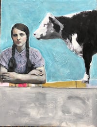 Image 1 of Vintage Girl with Cow painting mixed media on wood 