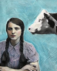 Image 3 of Vintage Girl with Cow painting mixed media on wood