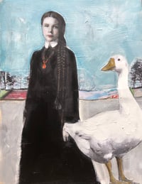 Image 1 of Vintage girl and Goose mixed media painting 11x14" on wood 