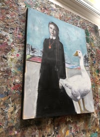 Image 4 of Vintage girl and Goose mixed media painting 11x14" on wood 