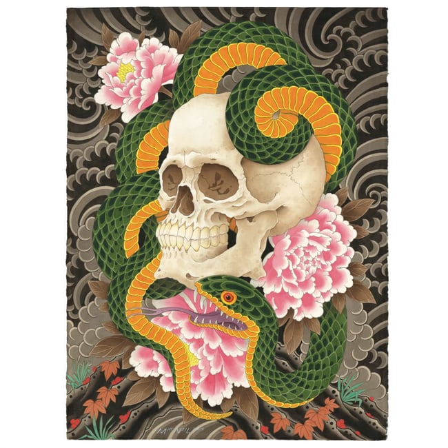 Skull + Snake and Peonies - PRINT