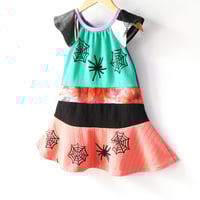 Image 3 of halloween spiderwebs spiders 3T flutter sleeve twirly courtneycourtney dress tiedye orange green boo