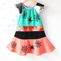 Image 1 of halloween spiderwebs spiders 3T flutter sleeve twirly courtneycourtney dress tiedye orange green boo