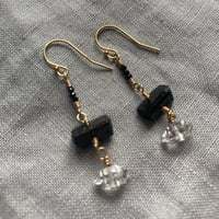 Image 4 of Natural Black Garnet Black Tourmaline Herkimer Diamond 14k Gold Fill Earrings