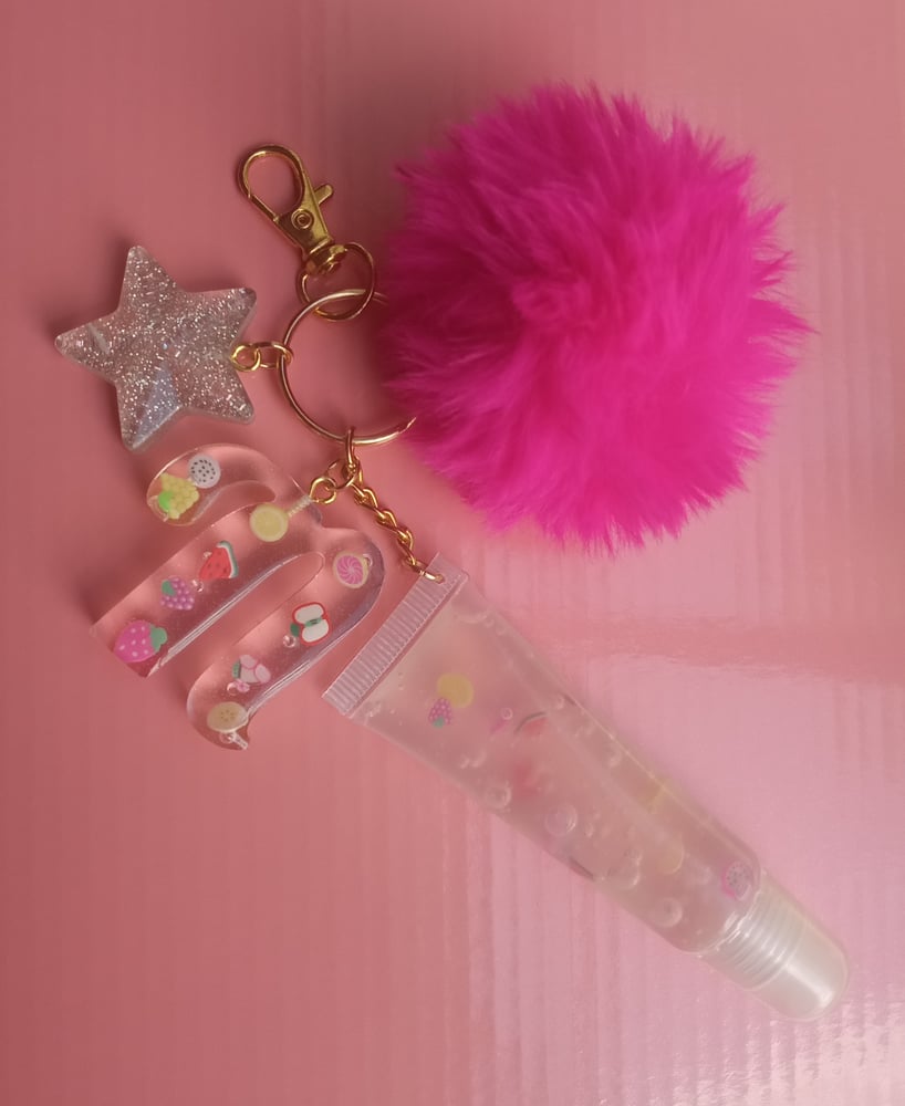 Image of Lipgloss initial keychain (Clear with fruit slices)