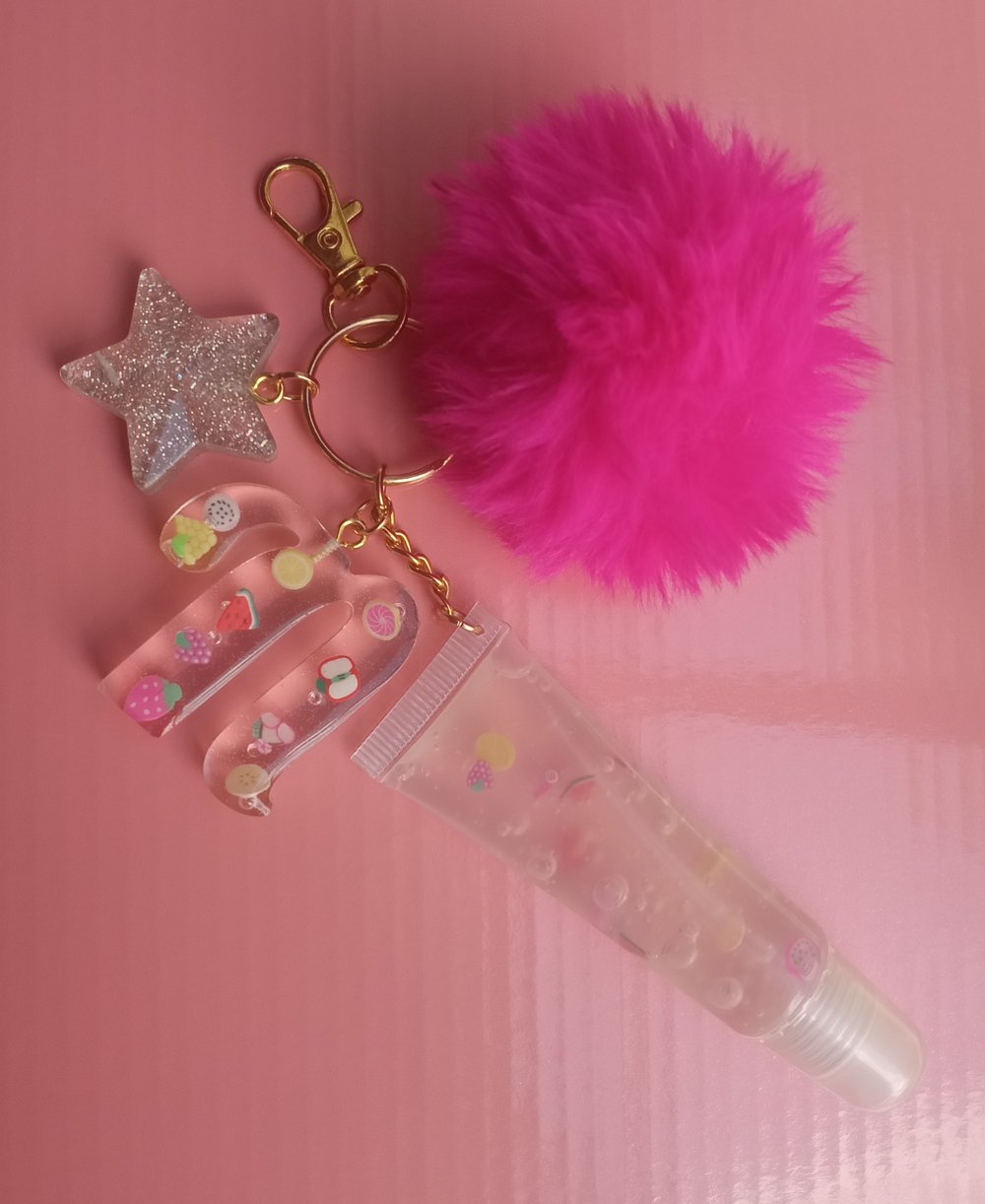 Image of Lipgloss initial keychain (Clear with fruit slices)