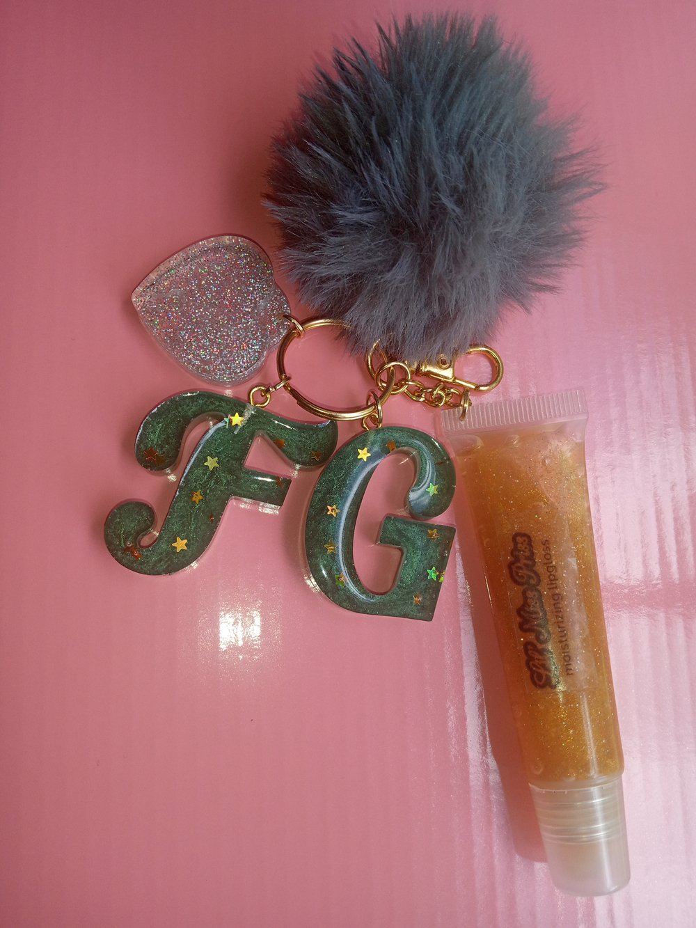 Image of Lipgloss initial keychain ( Color with holographic Glitter)
