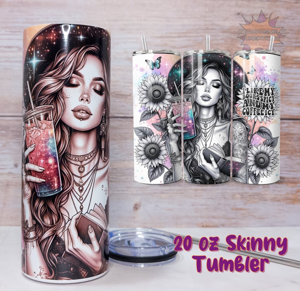 Image of 20 oz Skinny Tumbler – Books Spicy and Coffee Icy