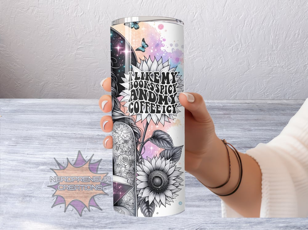 Image of 20 oz Skinny Tumbler – Books Spicy and Coffee Icy