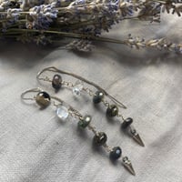 Image 2 of Green Tourmaline Herkimer Diamond Pendulum Sterling Silver Threader Earrings