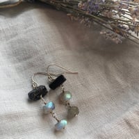 Image 1 of Black Tourmaline Gray Labradorite Natural Gemstone Sterling Silver Earrings 