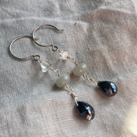 Image 2 of Herkimer Diamond Gray Moonstone Black Garnet Teardrop Natural Gemstone Sterling Silver Earrings