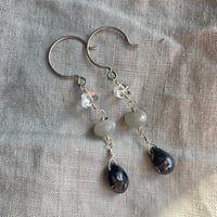 Image 4 of Herkimer Diamond Gray Moonstone Black Garnet Teardrop Natural Gemstone Sterling Silver Earrings