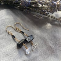 Image 2 of Natural Black Garnet Black Tourmaline Herkimer Diamond 14k Gold Fill Earrings