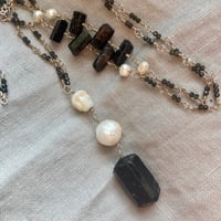 Image 2 of Black Tourmaline Carved Skull Freshwater Pearl Black Moonstone Sterling Silver Necklace