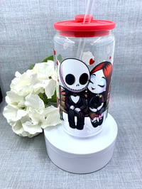 Image 2 of Jack and Sally 16oz glass can tumbler with silicone lid 