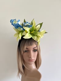 Image 1 of Green Lily Blue Orchid Flower Crown Fascinator