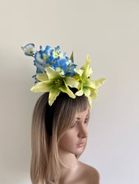 Image 2 of Green Lily Blue Orchid Flower Crown Fascinator