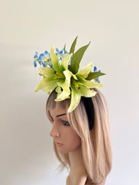 Image 3 of Green Lily Blue Orchid Flower Crown Fascinator