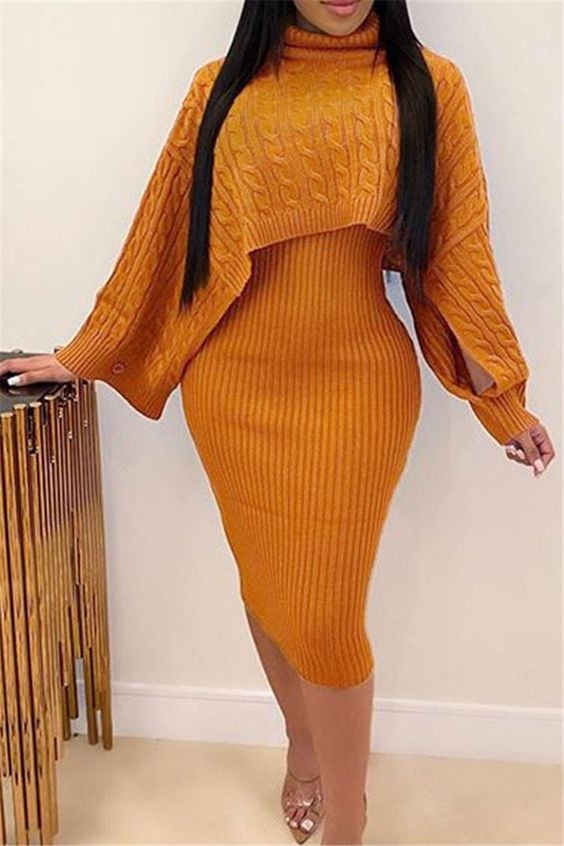 Image of 3PACK SHAWL & RIBBED SWEATER DRESS SET-MUSTARD