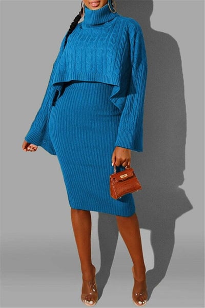 Image of 3PACK SHAWL & RIBBED SWEATER DRESS SET--TEAL