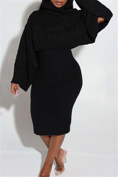 Image of 3PACK SHAWL & RIBBED SWEATER DRESS SET-BLACK