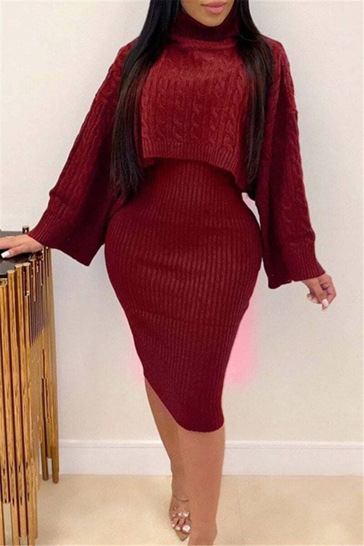 Image of 3PACK SHAWL & RIBBED SWEATER DRESS SET-BURGUNDY