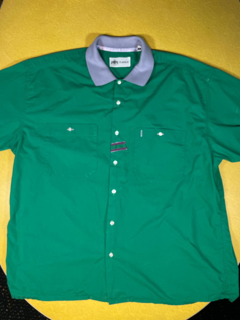 Vintage 80s 90s Playboy Preppy Mens XL Green Purple Short Sleeve Button Shirt Bugle Boy Polo
