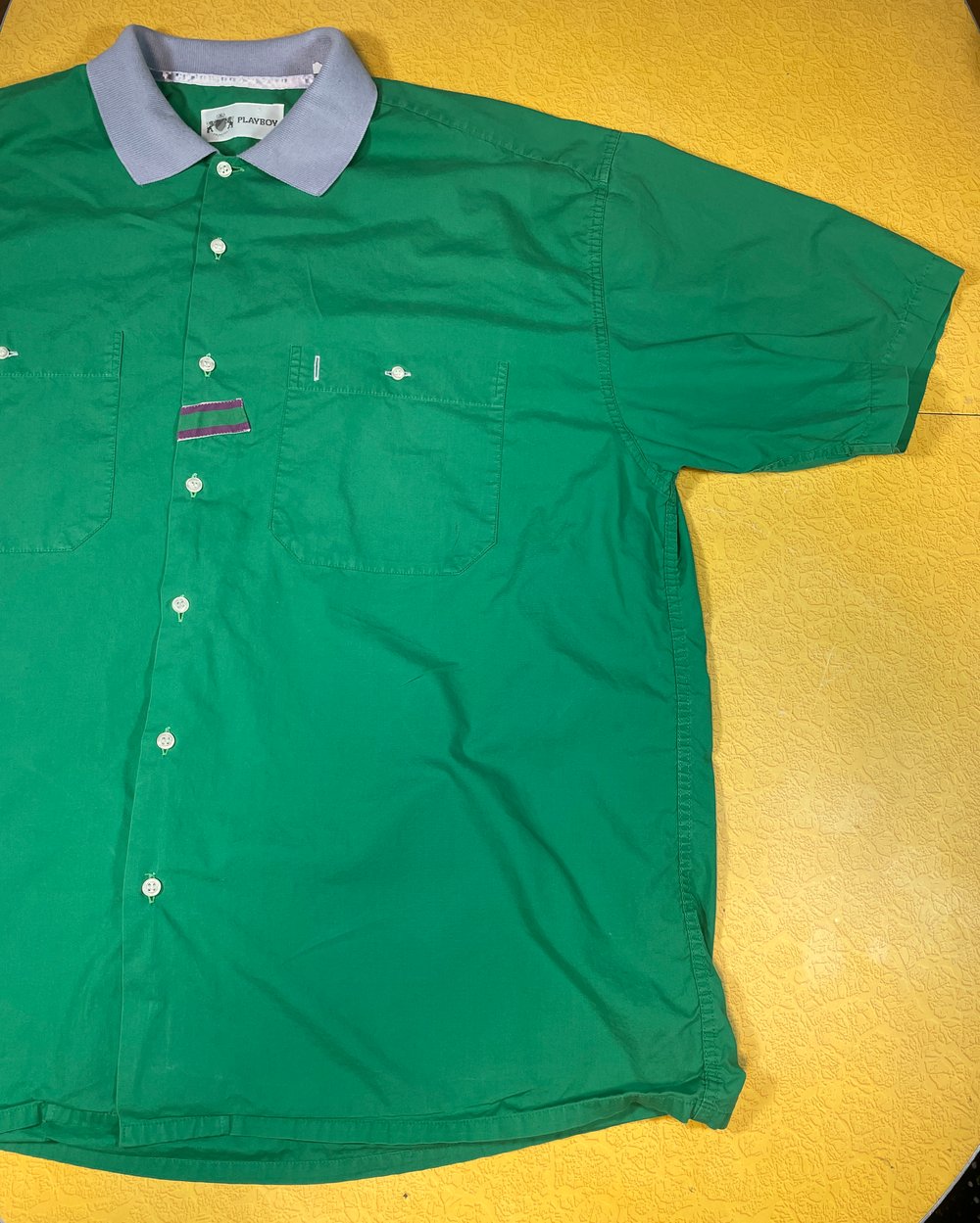 Vintage 80s 90s Playboy Preppy Mens XL Green Purple Short Sleeve Button Shirt Bugle Boy Polo