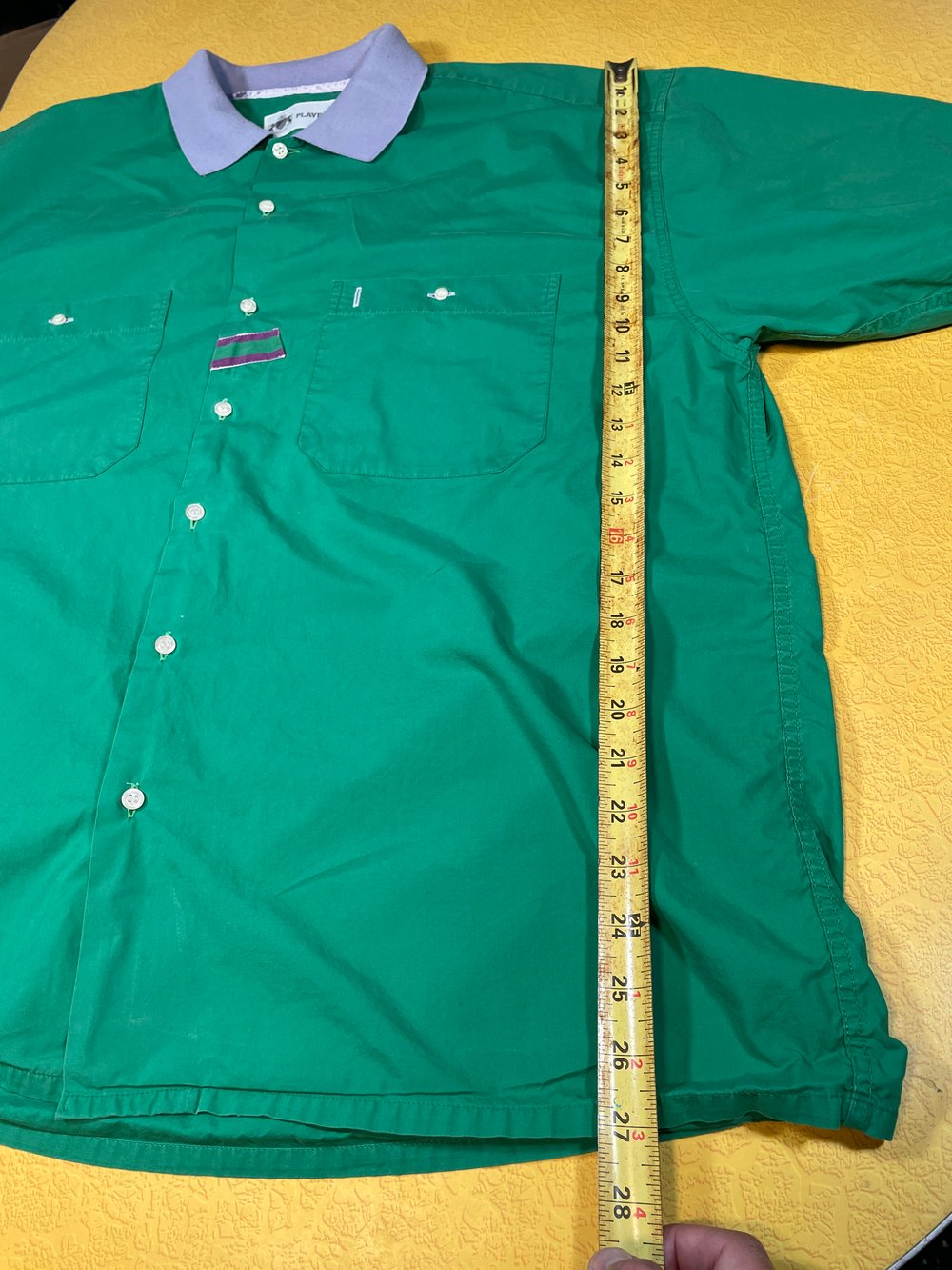 Vintage 80s 90s Playboy Preppy Mens XL Green Purple Short Sleeve Button Shirt Bugle Boy Polo