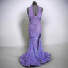 Lilac Purple Irredescent Sequin Velvet Halter Mermaid Dress