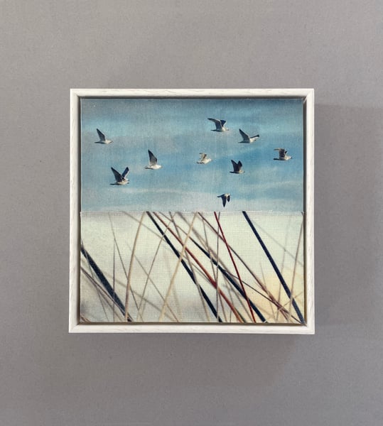 Image of Birds + marram grasses - original framed printed fabric wall work