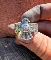 Image 3 of WL&A Handmade Old Style Heavy Ingot Pink Opal Heishi Thunderbird Ring - Size 11