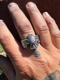 Image 4 of WL&A Handmade Old Style Heavy Ingot Pink Opal Heishi Thunderbird Ring - Size 11